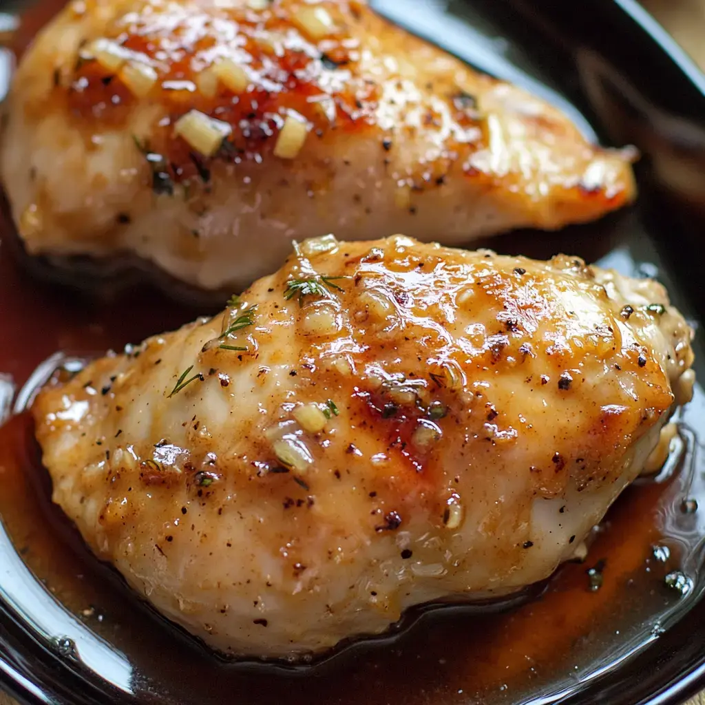 Two golden chicken breasts covered in garlic and herbs served on a black plate.