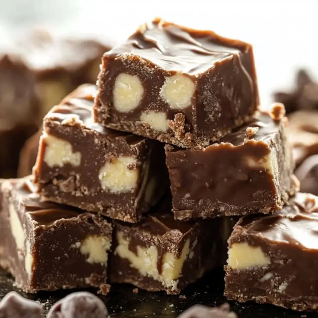 Close-up of stacked fudge squares with creamy layers, surrounded by chocolate chips.