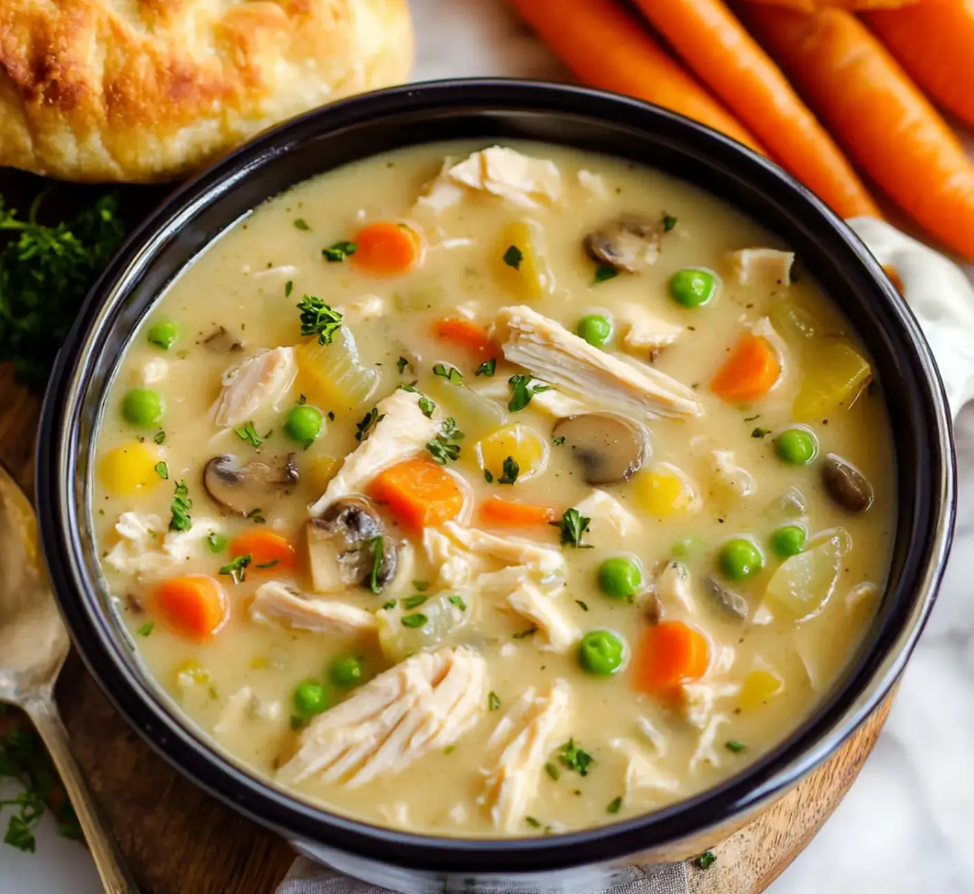 A warm, creamy bowl of chicken soup filled with colorful veggies like carrots, peas, and mushrooms, served with a biscuit on the side.