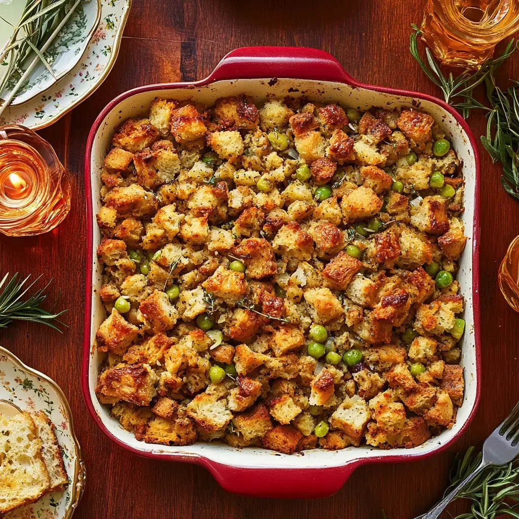 Rich golden-brown stuffing baked with peas in a red dish on a wooden table, surrounded by candles and plated table settings.