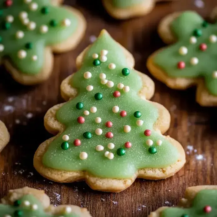 A festive green Christmas tree cookie with sprinkles in bright red, green, and white, resting on wood.