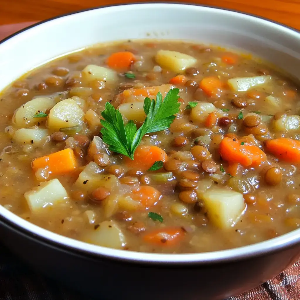 A bowl of hearty lentils with chunky potatoes, carrots, and parsley garnish.