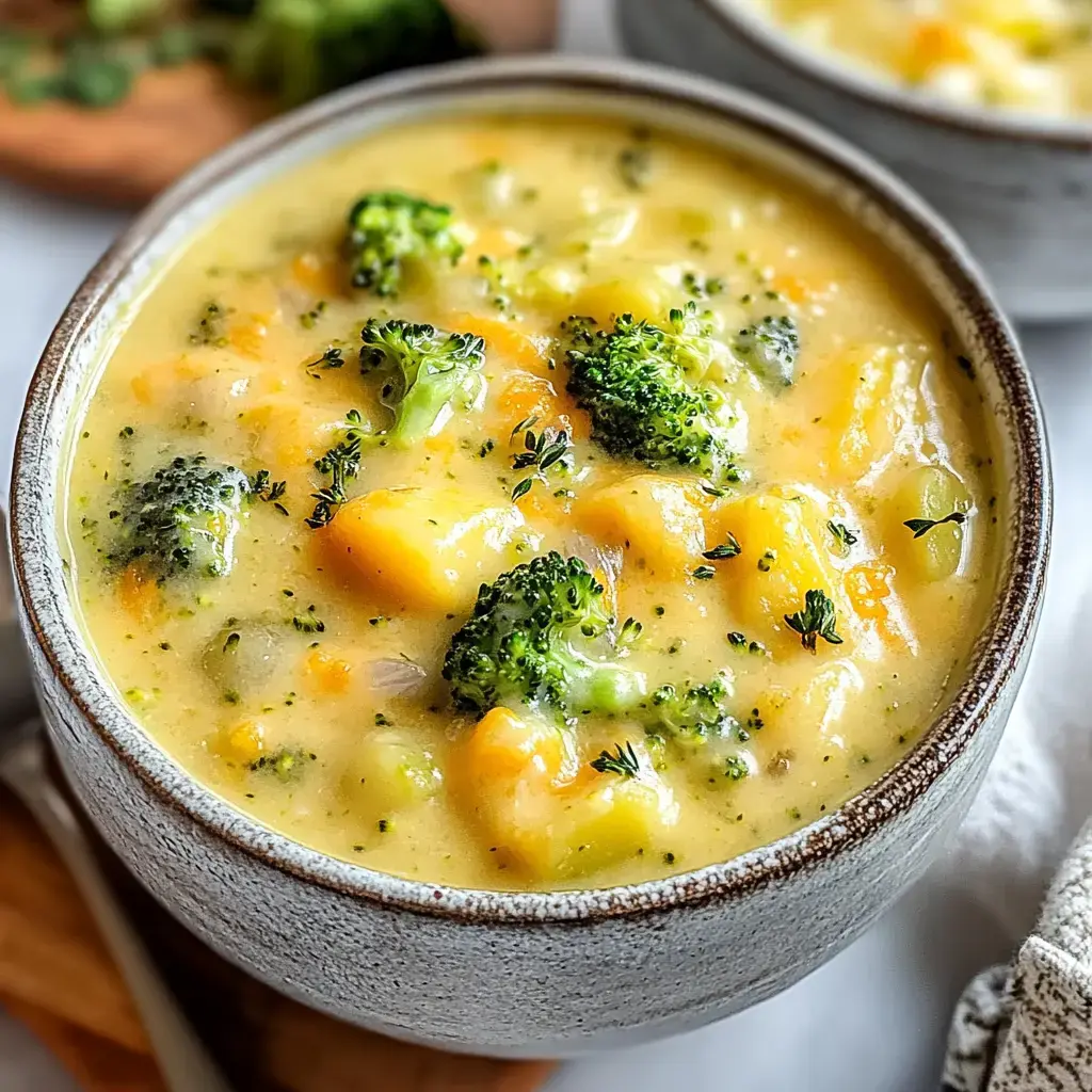 A close-up shot of creamy broccoli and potato soup in a bowl, perfect for chilly days.
