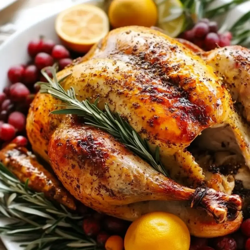 Golden turkey resting on a platter surrounded by grapes, lemons and a sprig of fresh rosemary.