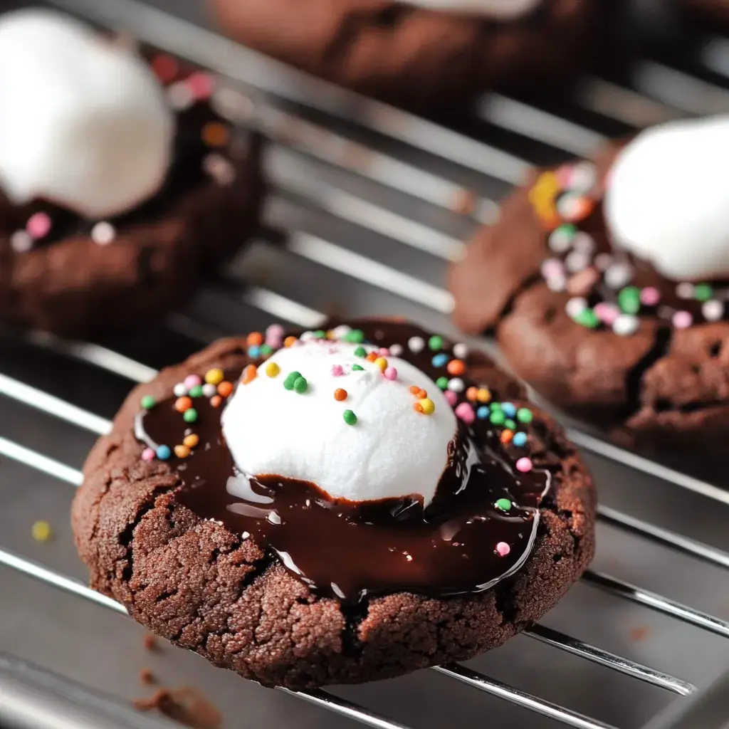 Close-up of gooey chocolate cookies topped with melted chocolate, whipped cream, and colorful sprinkles, cooling on a rack.