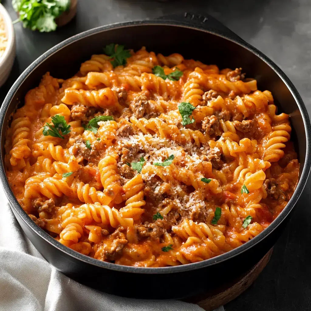 A pot full of creamy pasta spirals with ground beef, sprinkled with parsley and cheese on top.