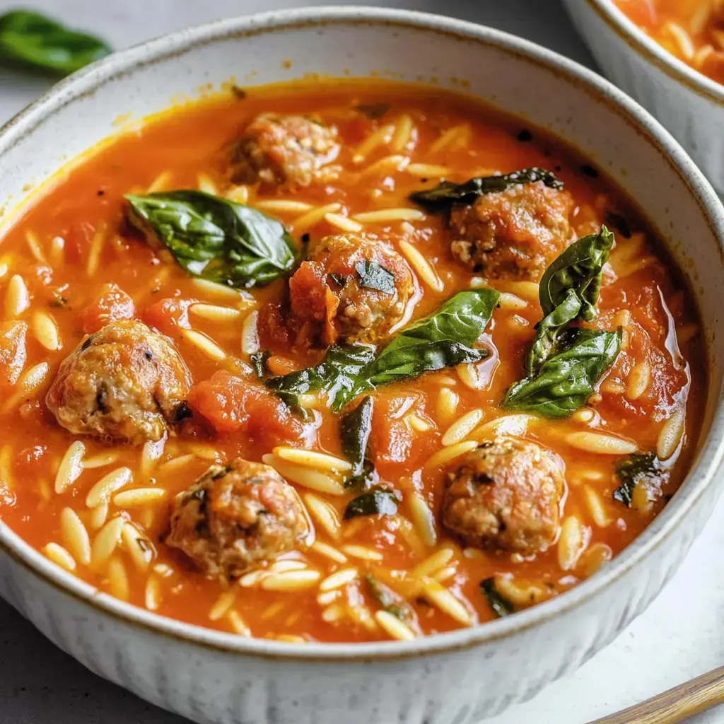 A steaming soup bowl with meatballs, orzo pasta, tomato broth, and fresh basil.