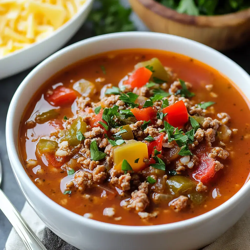 A rich soup filled with ground meat and colorful diced veggies, garnished with parsley, served with bowls of cheese and herbs on the side.