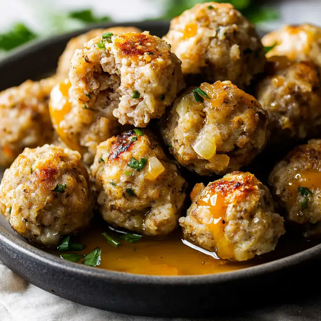 Golden-brown stuffed meatballs topped with herbs, some oozing cheese, served in a dark dish alongside a light sauce.