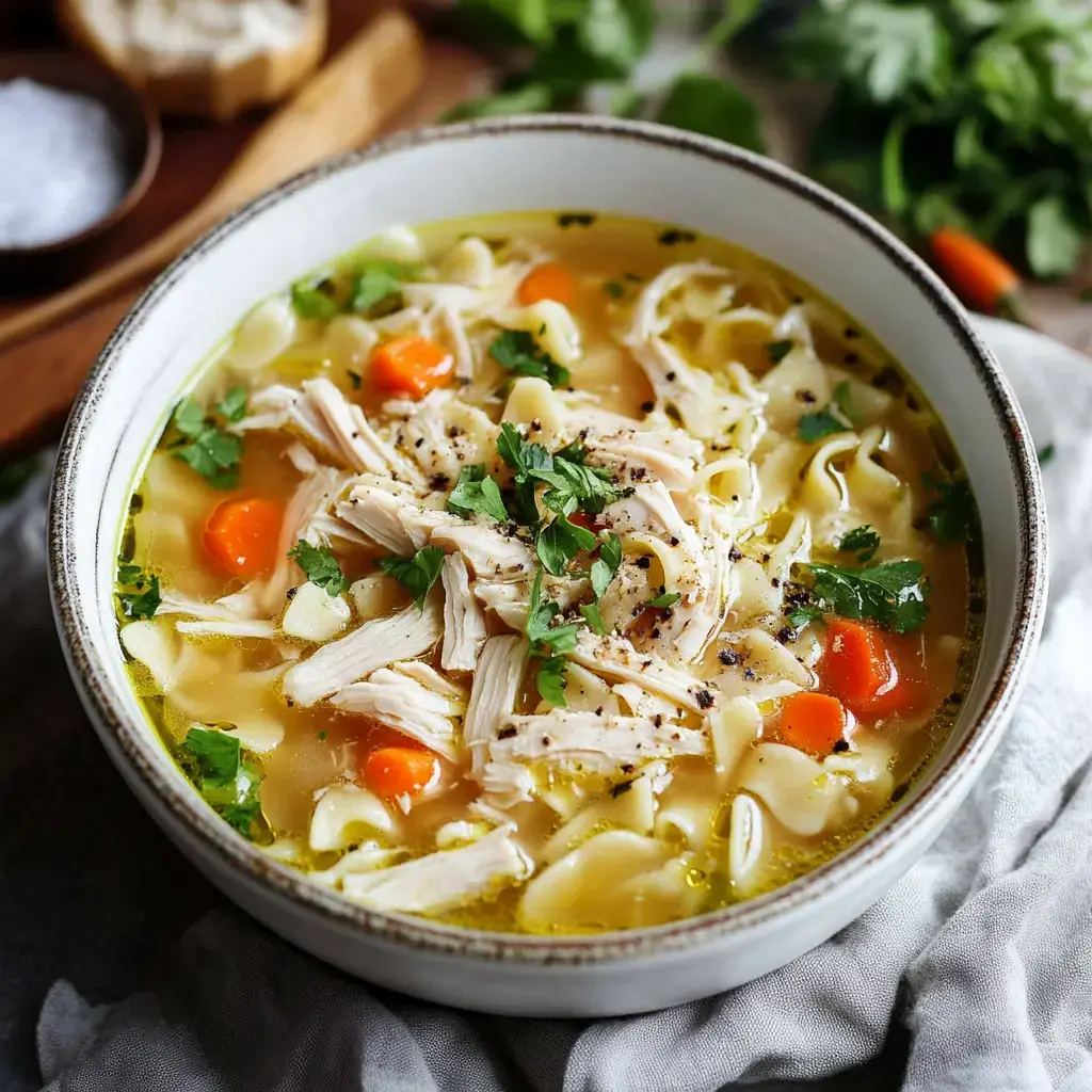 A cozy bowl of chicken noodle soup topped with shredded chicken, carrots, and fresh herbs.