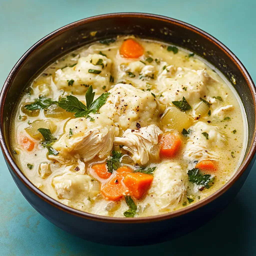 A steaming bowl of dumpling chicken soup with fresh herbs, tender chicken, and bright carrot pieces swimming in creamy broth.