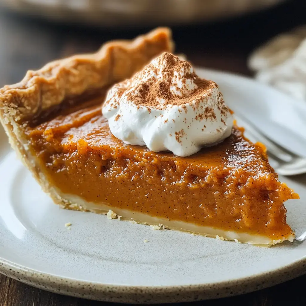 A creamy pumpkin pie slice with whipped cream sprinkled with cinnamon, served on a soft beige plate.