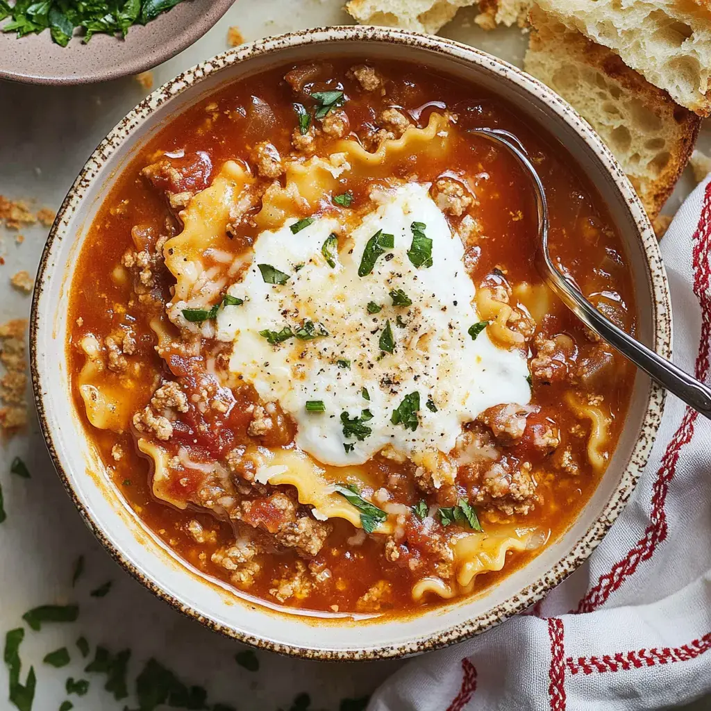 A cozy bowl of cheesy lasagna soup surrounded by crusty bread and fresh parsley.