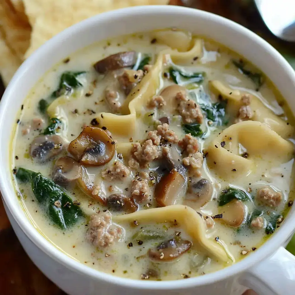 A creamy soup bowl filled with pasta, veggies, and ground meat.