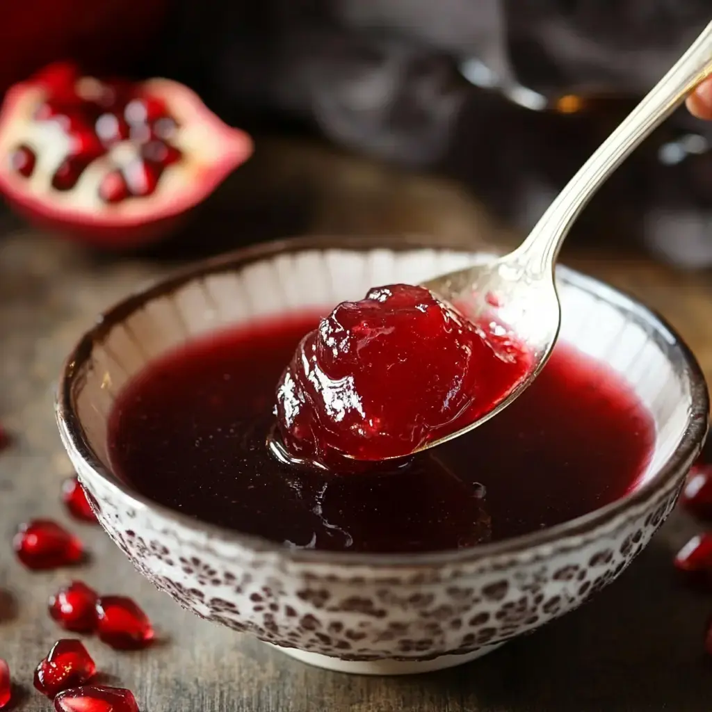 A spoon tugs at glossy, ruby-red pomegranate jelly from a detailed bowl, pomegranate seeds scattered nearby.