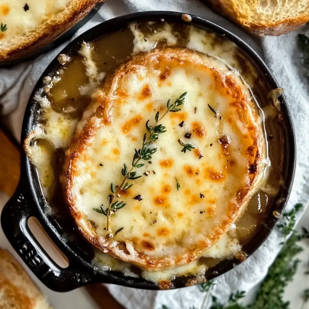 Hot French onion soup in a bowl with cheesy toast and thyme sprigs on top.