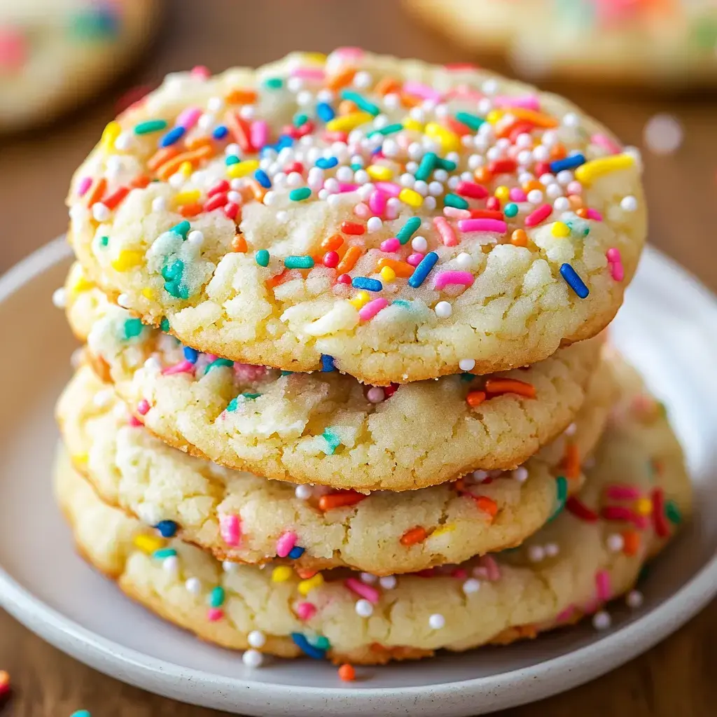 A plate stacked with sprinkle-filled cookies, colorful and inviting.