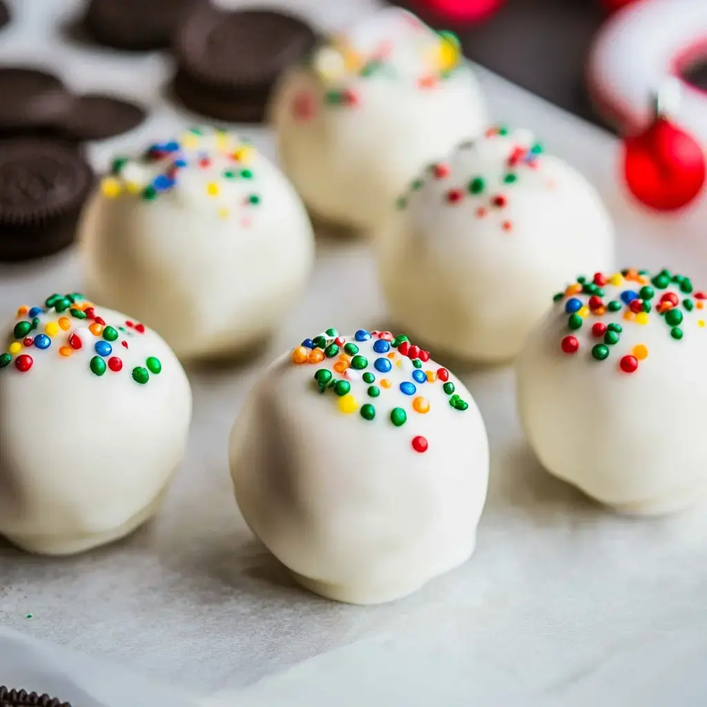 White chocolate-covered Oreo balls with colorful sprinkles sitting on parchment paper near broken cookies.