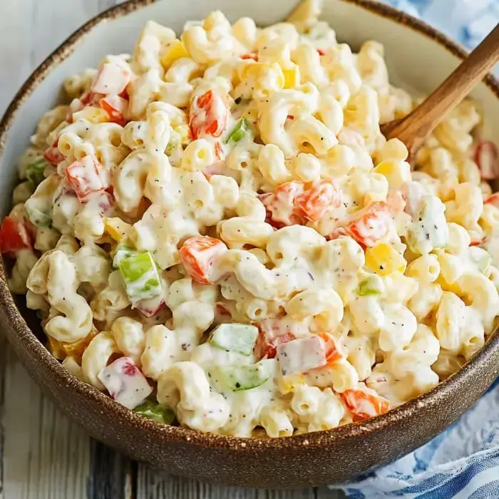 Bright macaroni salad with creamy dressing and colorful veggies like green and red peppers.