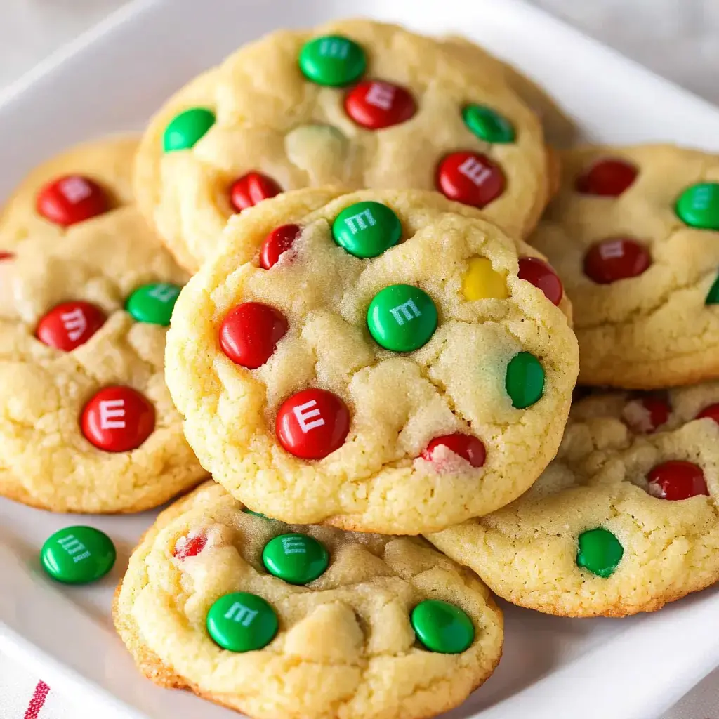 Plate full of warm cookies topped with red and green candies, ready to enjoy.