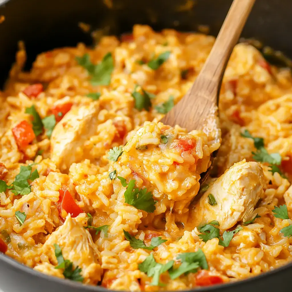 A wooden spoon scooping creamy chicken and cheesy rice garnished with diced tomatoes and cilantro in a black pot.