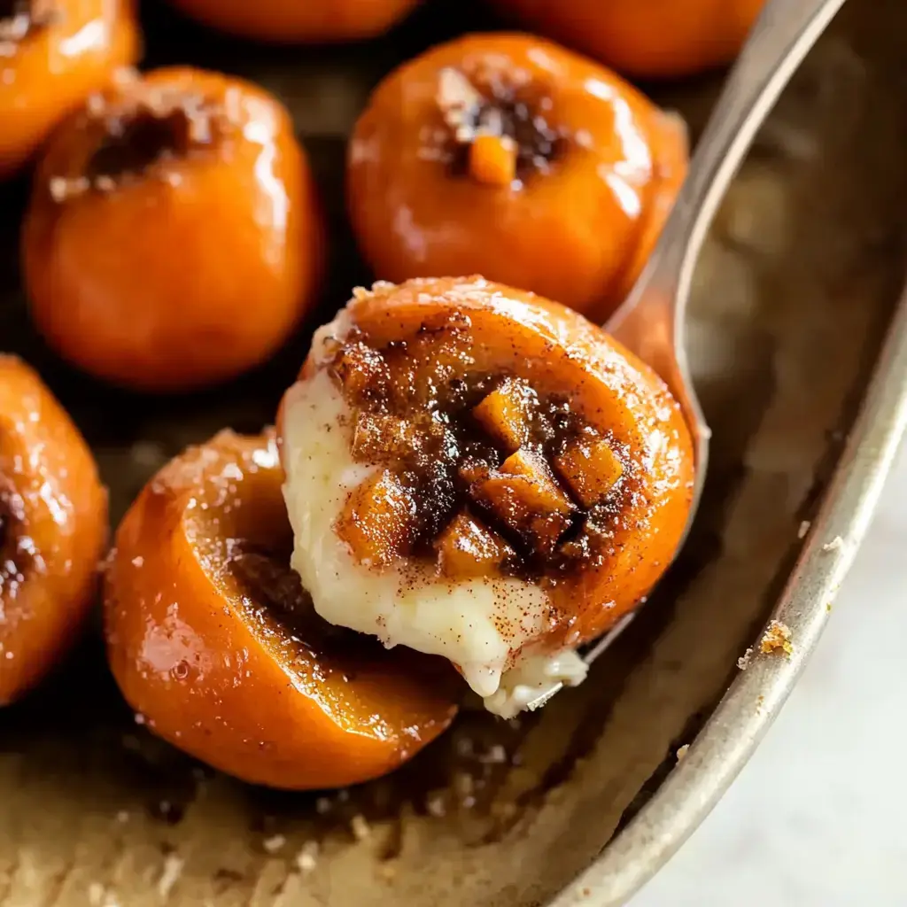 A plate of baked peaches stuffed with sweet cinnamon filling and creamy toppings.