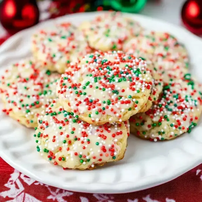 A festive batch of cookies topped with colorful red and green sprinkles over white icing.