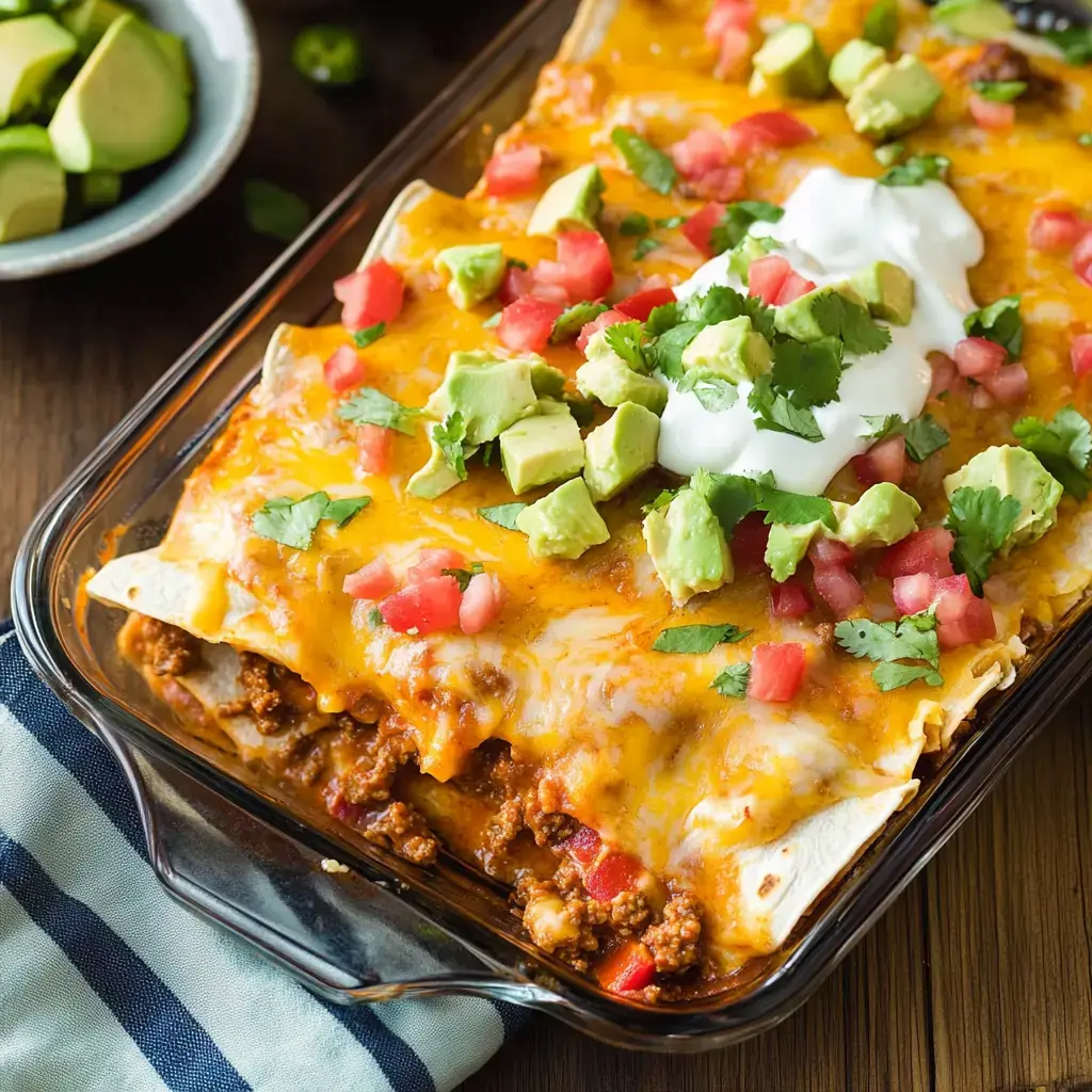 Baked, cheese-covered enchiladas topped with cilantro, avocado, tomatoes, sour cream, and jalapeños, resting on a wood table.