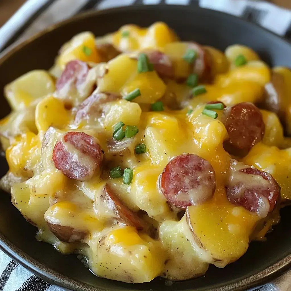 A close-up of a cheesy potato and sausage casserole topped with green onions.