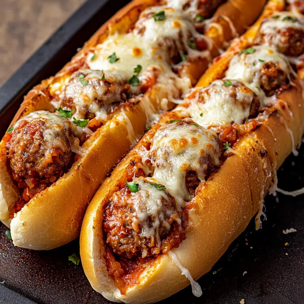 Toasted rolls packed with meatballs, marinara, melted cheese, and fresh herbs on top.
