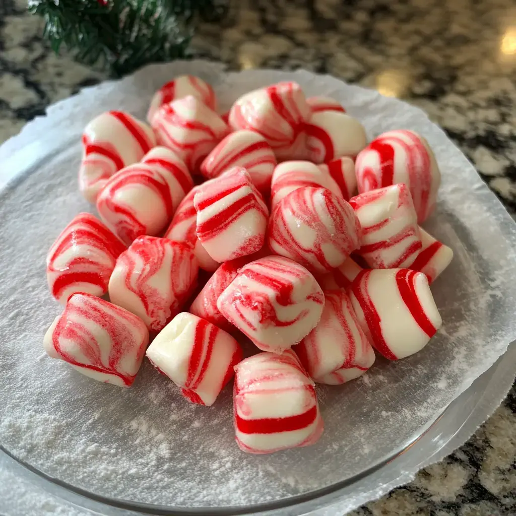 A dish stacked with festive red and white peppermint candies dusted on top.