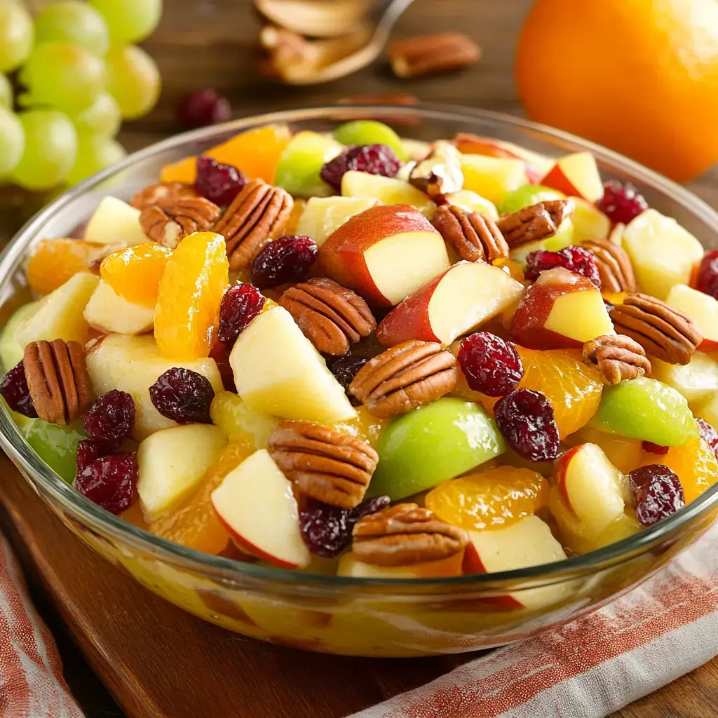Bright bowl of fruit featuring apples, oranges, grapes, and pecans all mixed together in a clear bowl.