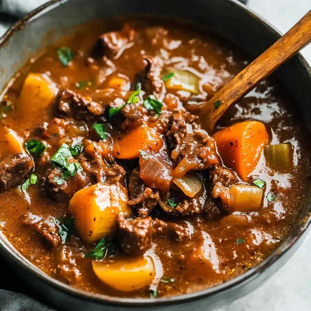 A comforting bowl of beef stew loaded with tender meat, potatoes, carrots, and garnished with herbs.
