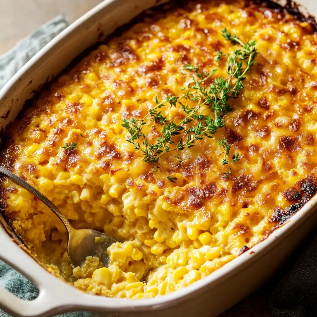 Golden brown baked corn casserole in a dish topped with sprigs of fresh thyme.