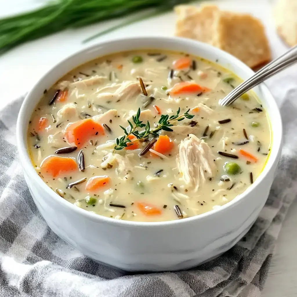 A bowl of creamy chicken and wild rice soup with carrots, peas, and fresh thyme garnish.
