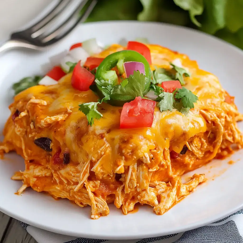A plate of cheesy shredded chicken packed with flavor, topped with fresh tomato, jalapeño, and herbs.