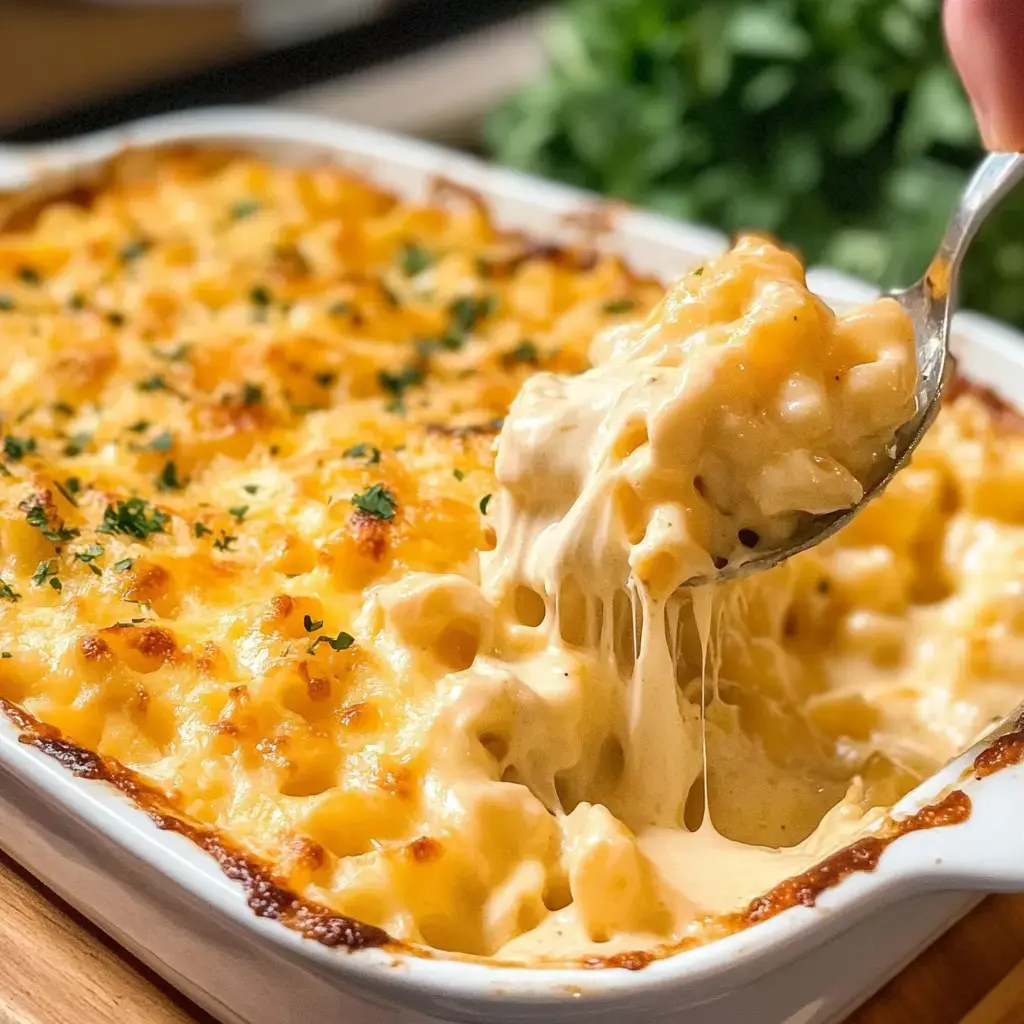 A spoon pulling out gooey macaroni with crispy breadcrumbs on top from a cheesy dish.
