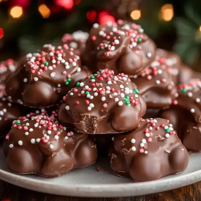A cozy assortment of chocolate candies with festive sprinkles in holiday colors, stacked in a fun arrangement.