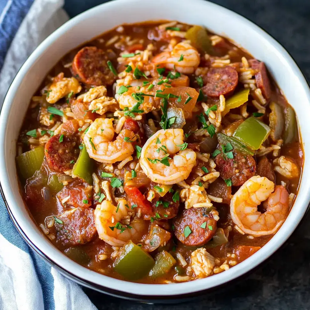 A delicious plate of jambalaya filled with shrimp, sausage, rice, and green peppers. Topped with fresh parsley.