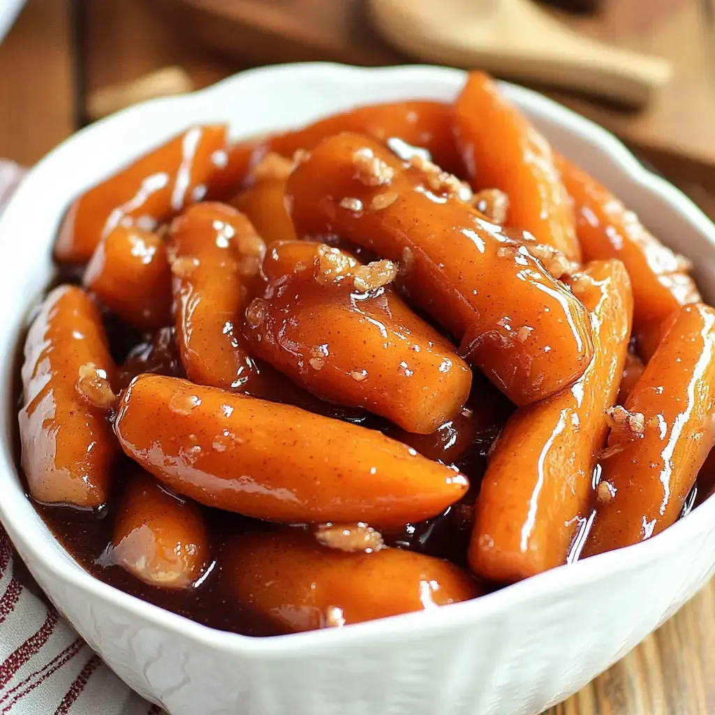 A bowl of sweet, glazed carrots coated in golden maple sauce.