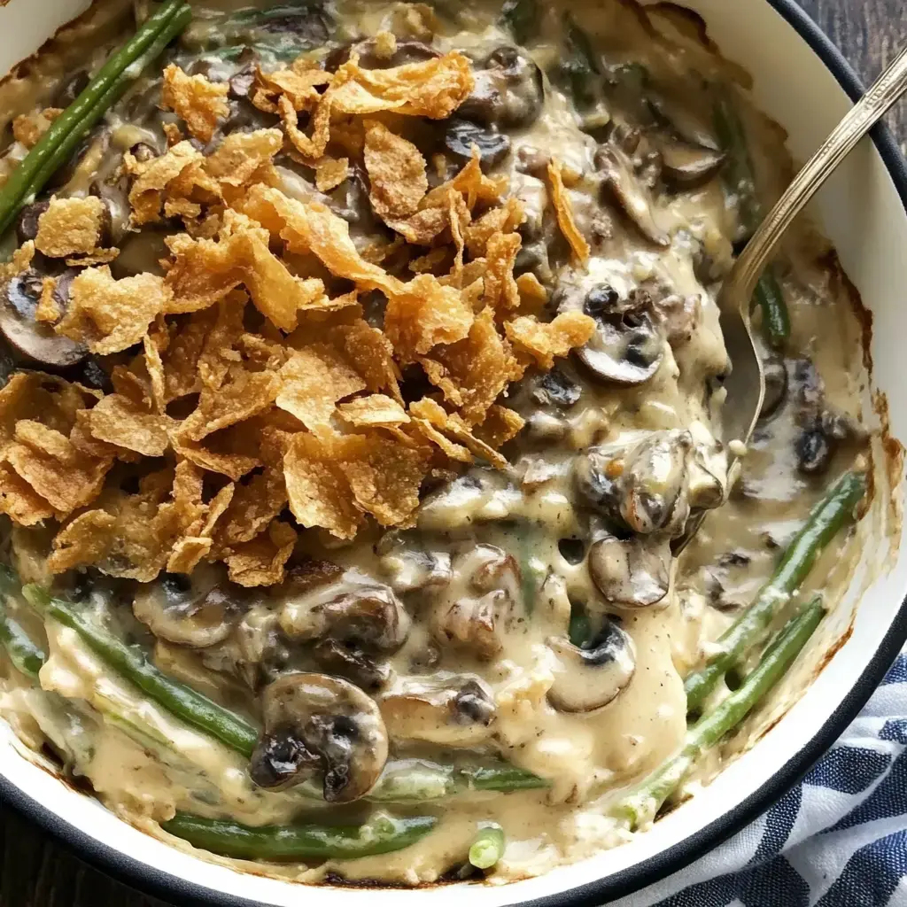 Creamy green bean and mushroom casserole topped with crispy golden onions.