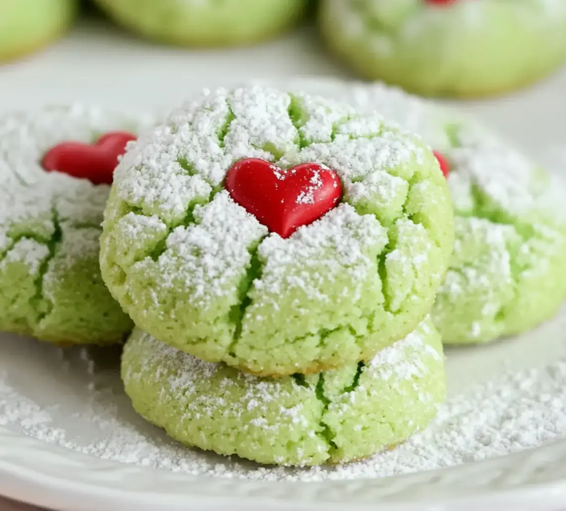 Close-up of bright green cookies covered in powdered sugar, each topped with a red candy heart.