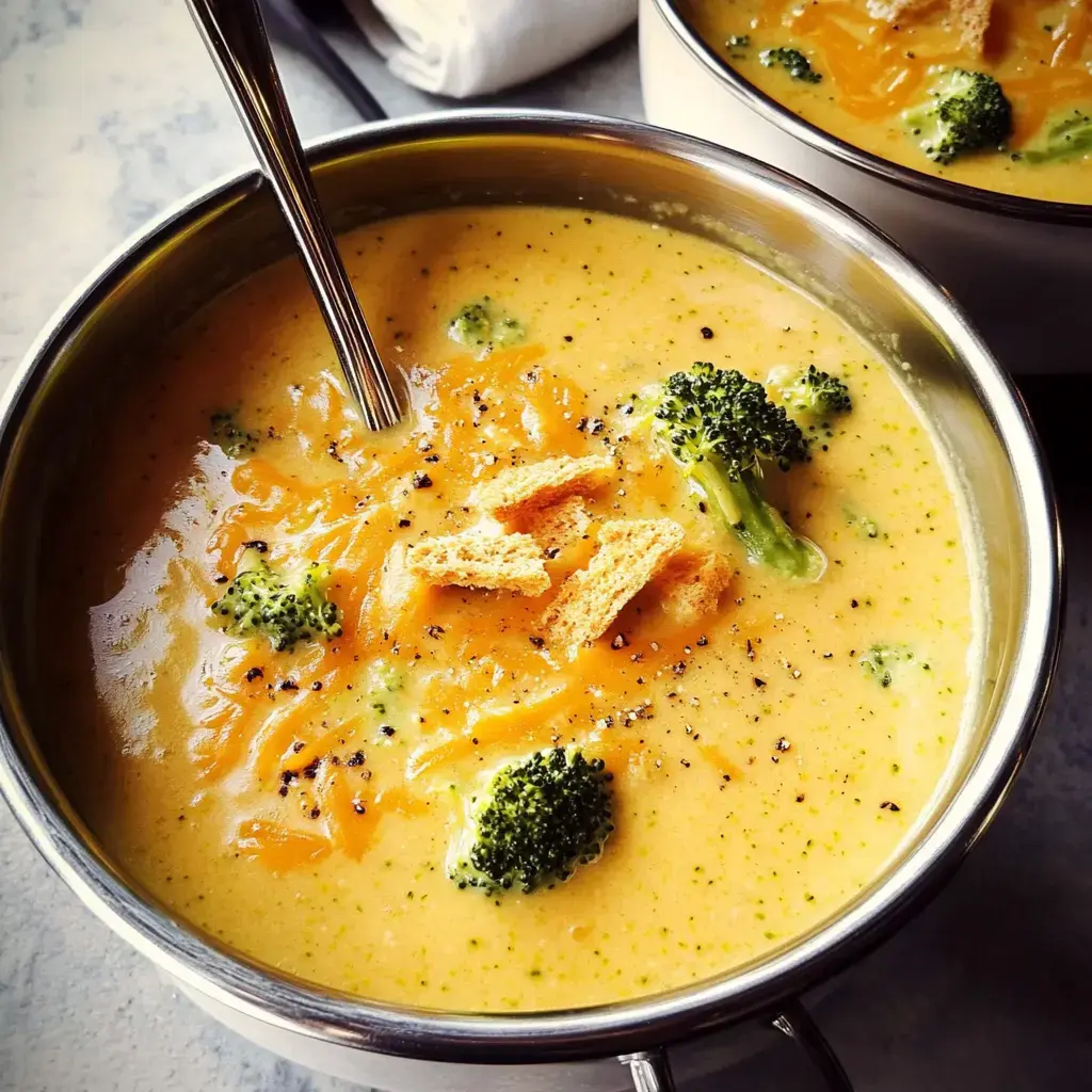 A bowl of cheddar broccoli soup topped with shredded cheese, crunchy croutons, and fresh pepper.