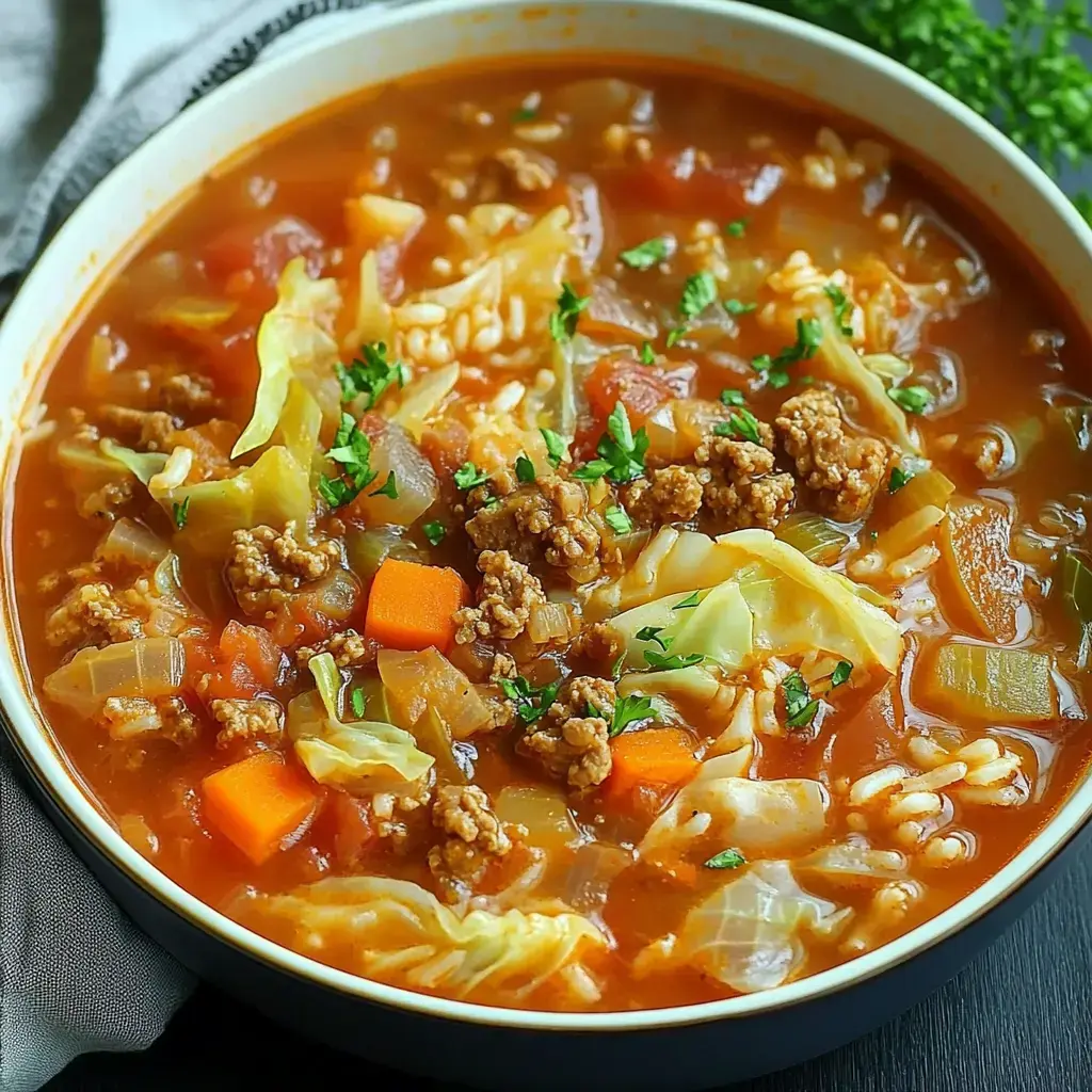 Close-up shot of a rich cabbage soup with ground meat and veggies, garnished with parsley in a white bowl.