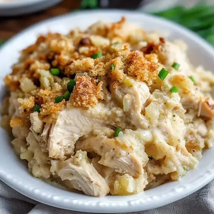 Creamy chicken and stuffing with crispy breadcrumbs and green onion in a white bowl.