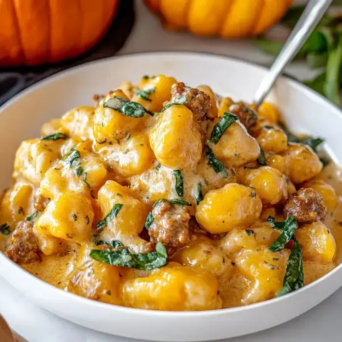A hearty bowl of creamy gnocchi with sausage and greens, topped with herbs.