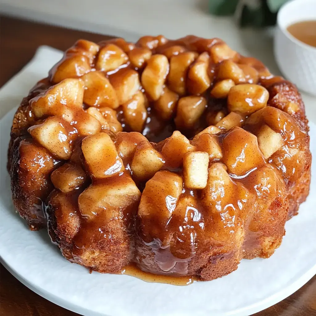 A bundt-shaped cake covered in caramelized apples and a thick, shiny glaze sitting on a white dish.