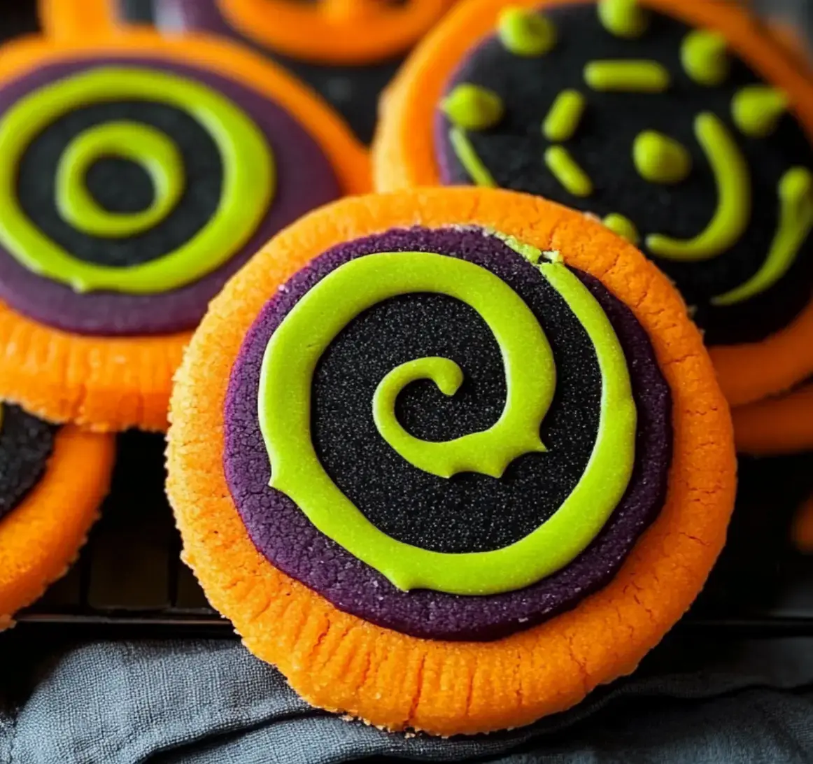 A close-up of vibrant Halloween cookies with colorful orange, green, and purple swirls of icing in fun patterns.