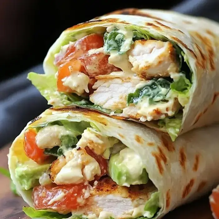 Close-up of two toasted chicken wraps packed with lettuce, tomato, and creamy dressing.