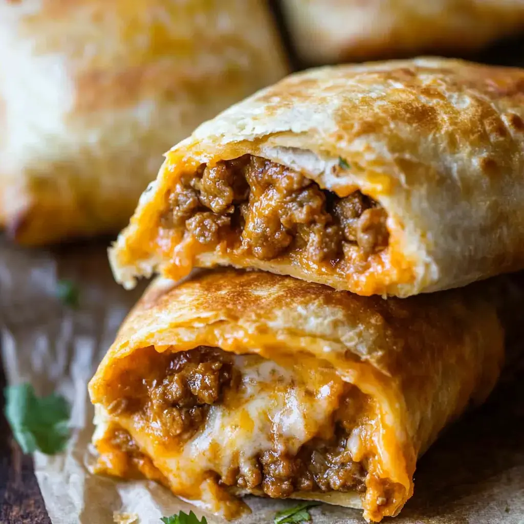 Crispy golden tortilla pockets stuffed with seasoned meat and gooey cheese, laid out on parchment paper.